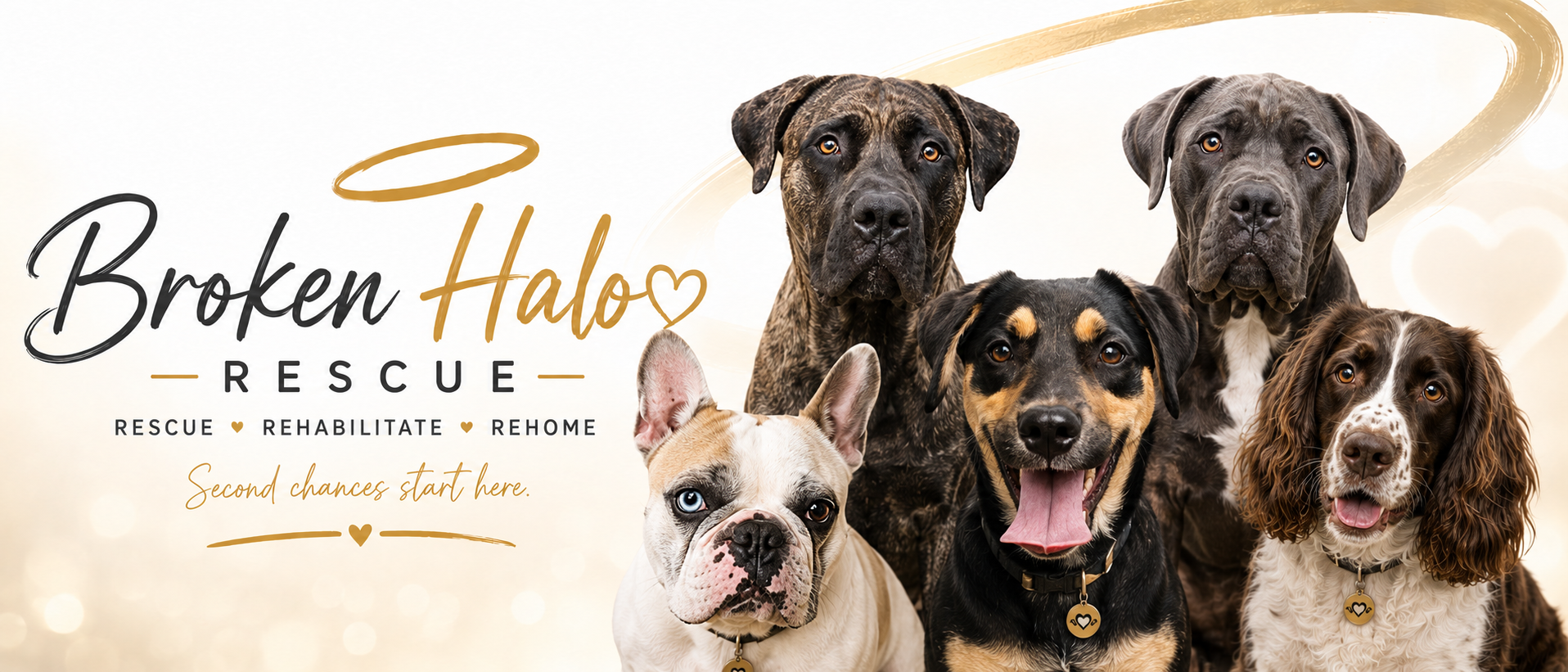 Broken Halo Rescue banner showing rescue dogs and the words Rescue, Rehabilitate, Rehome